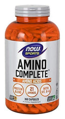 NOW Foods Amino Complete bottle label shows balanced amino acids for daily muscle support.