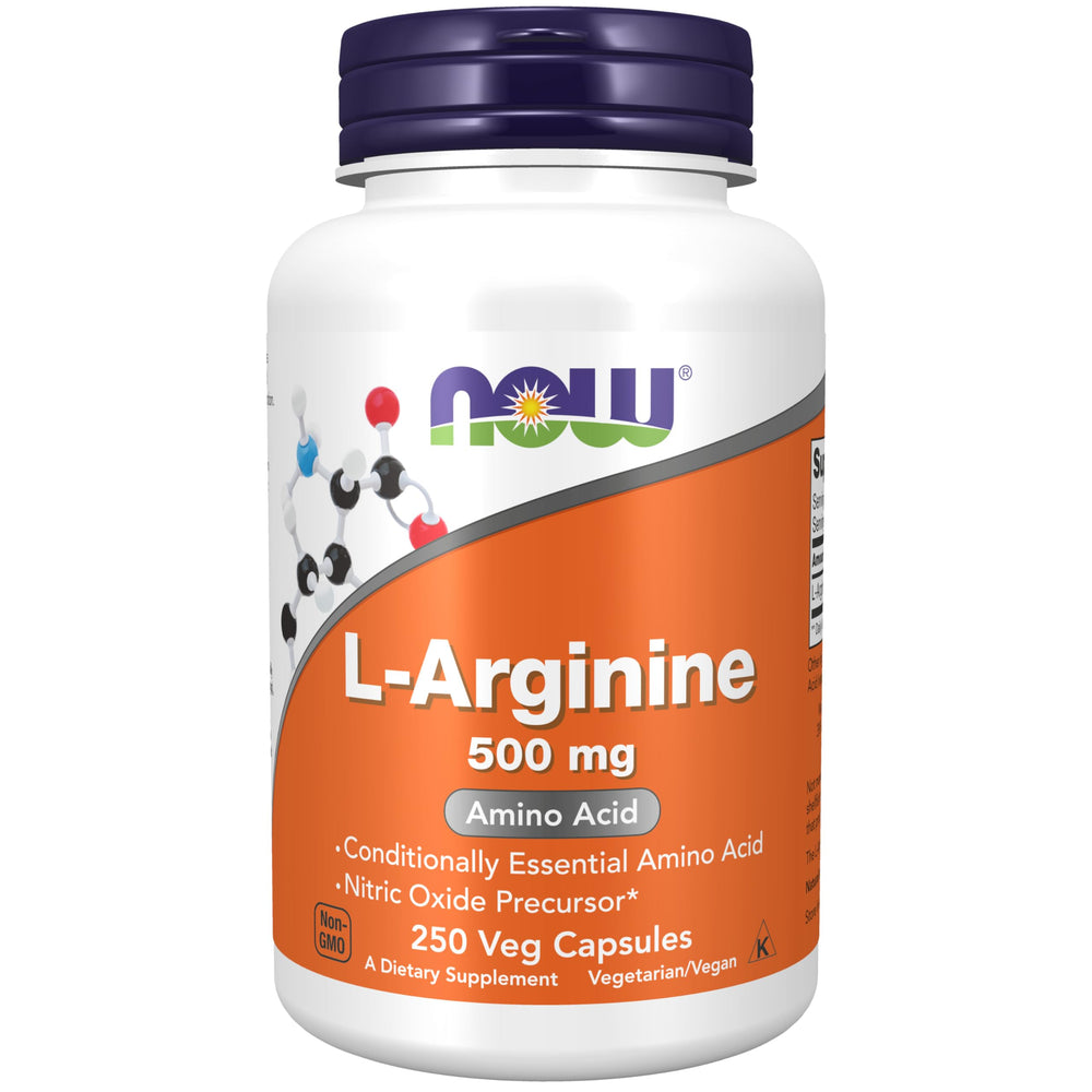 NOW Foods L-Arginine 500 mg bottle with labeled packaging for daily use