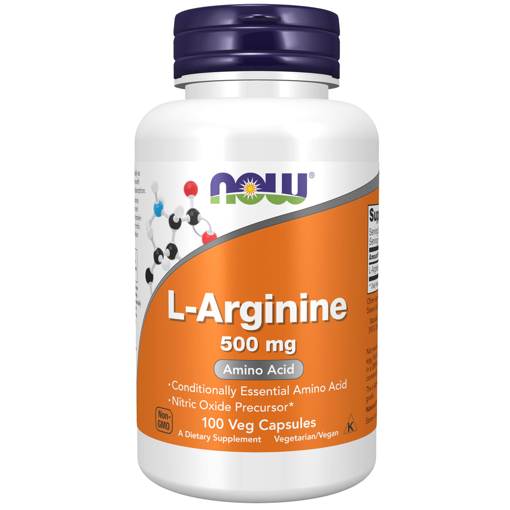 NOW Foods L-Arginine bottle shows 500 mg capsules for nitric oxide support.