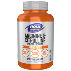 NOW Foods Arginine & Citrulline bottle shows protein metabolism support for active individuals.