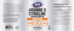 NOW Foods Arginine and Citrulline label close-up showing dosage and benefits.