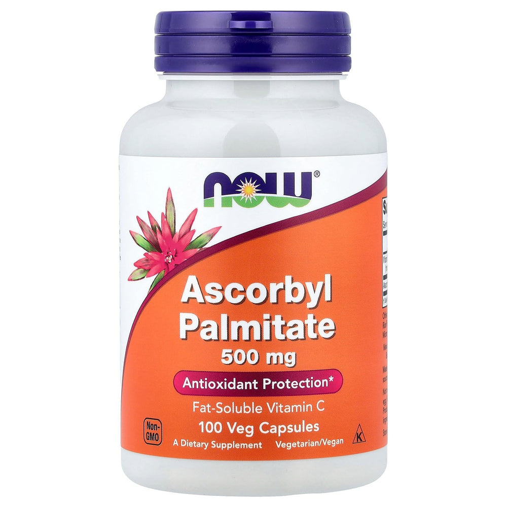 NOW Foods Ascorbyl Palmitate 500 mg bottle suggesting fat-soluble vitamin C for daily vitality.