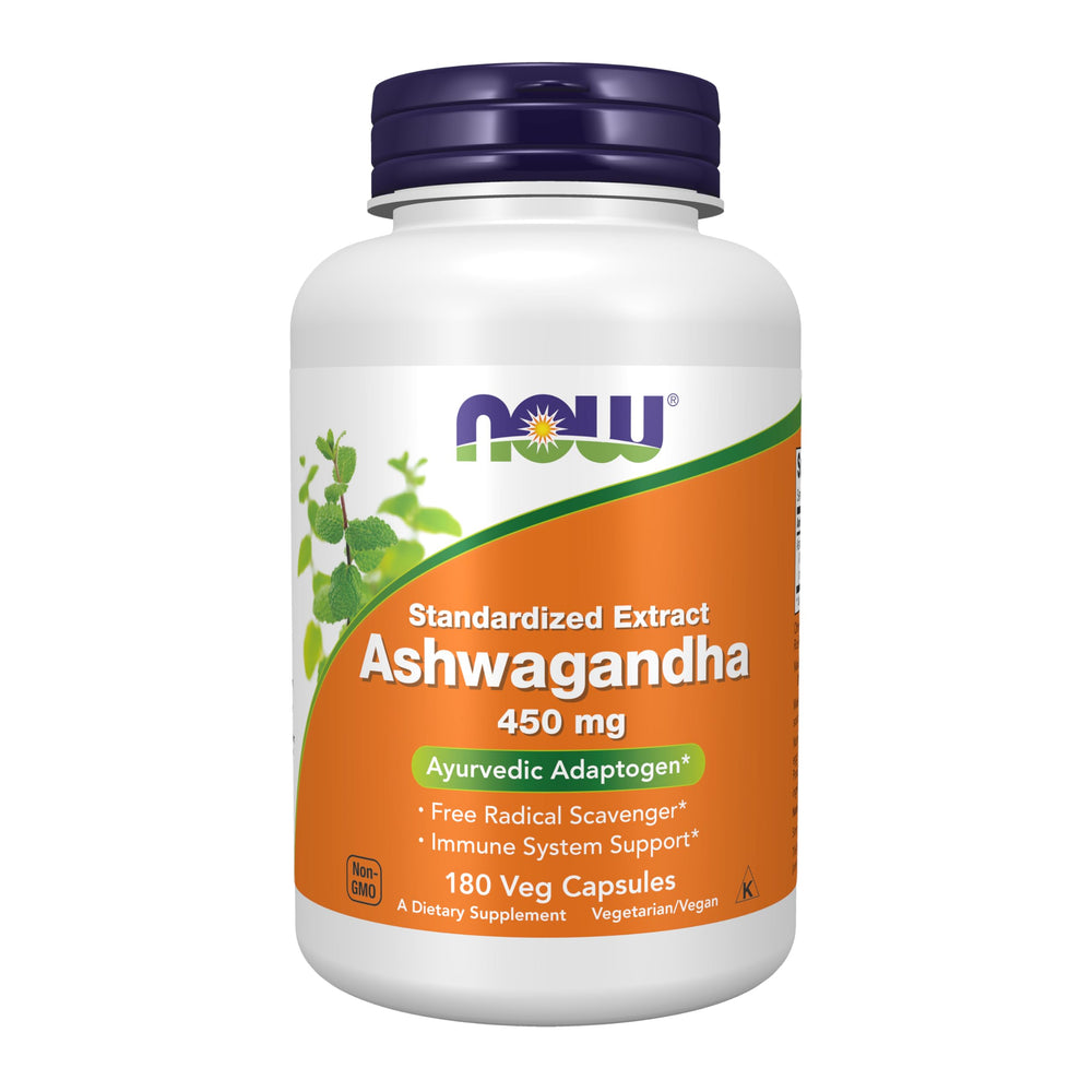 NOW Foods Ashwagandha standardized extract 450 mg bottle for daily adaptogen use