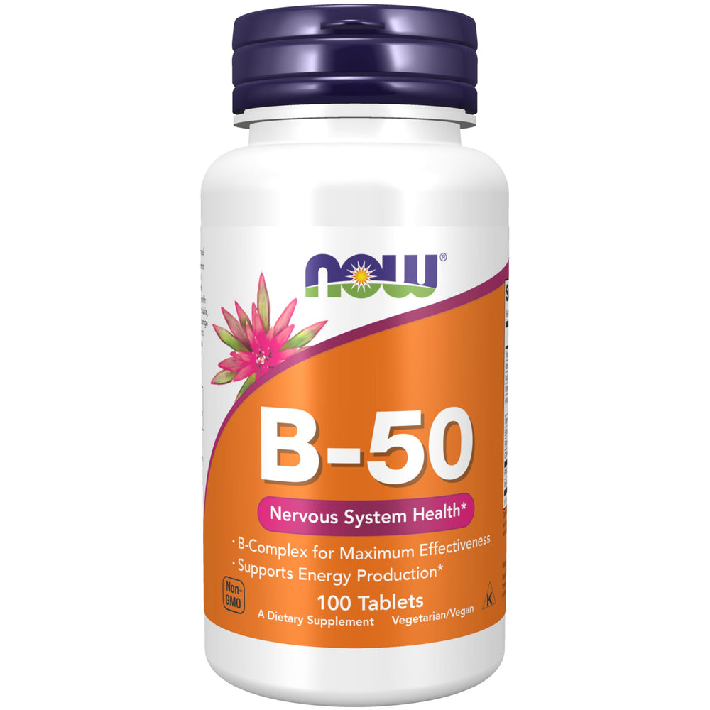 NOW Foods B-50 bottle front view highlights a full B-complex for daily energy support