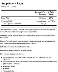 NOW Foods B-12 lozenges closeup, 1000mcg with folic acid for daily use