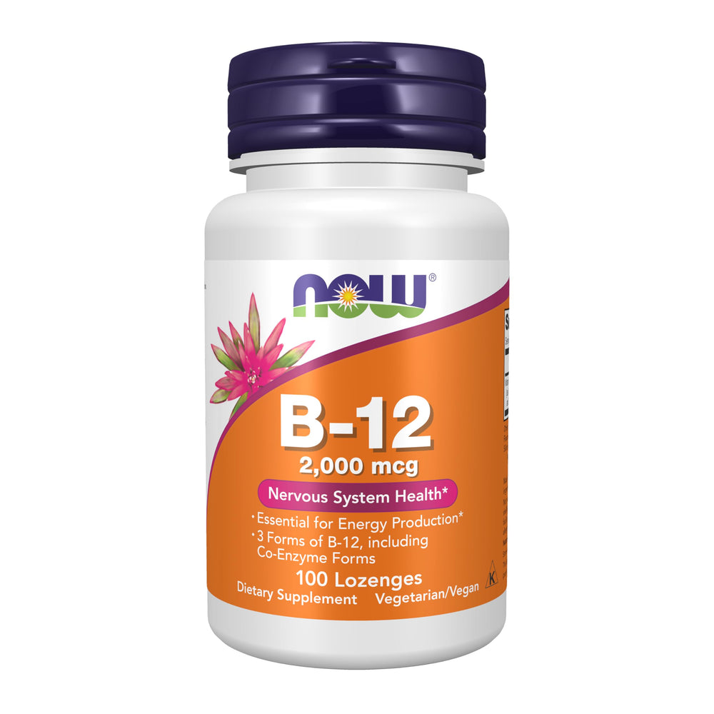 NOW Foods B-12 2000 mcg, frasco de tabletas para uso diario.