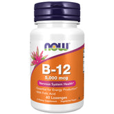 NOW Foods B-12 5000 mcg with folic acid lozenge packaging for energy support