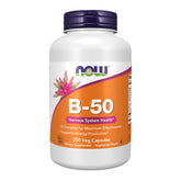 NOW Foods B-50 bottle front showing vegan, non-GMO B-complex for daily energy support.