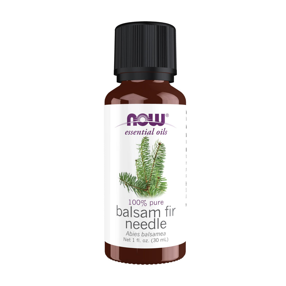 NOW Foods Balsam Fir Needle Oil bottle showing woodsy aroma for diffusers and blends