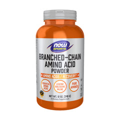 NOW Foods BCAA powder bottle closeup showing pure amino blend for athletic support.