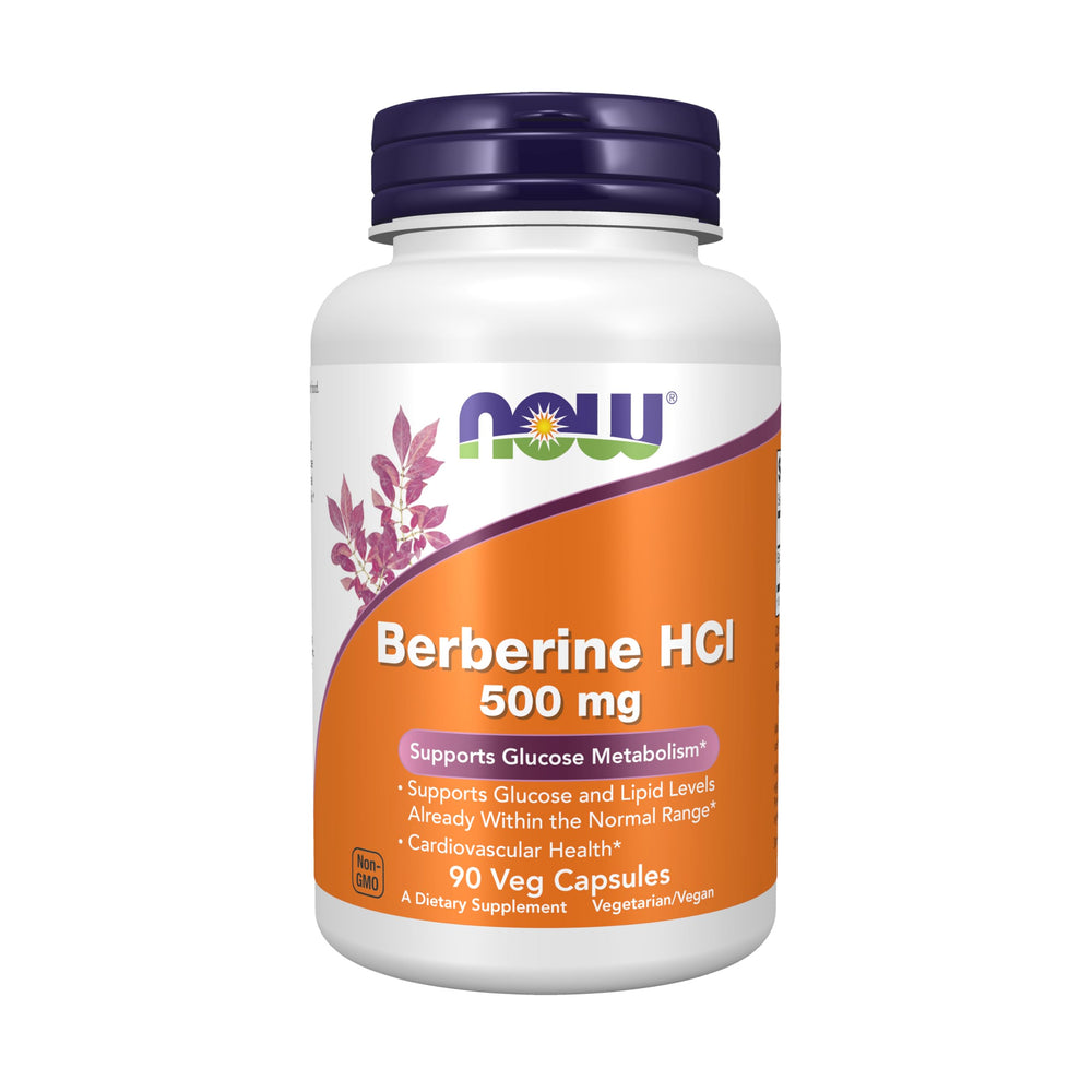 NOW Foods Berberine HCL 500 mg bottle with capsules supports normal glucose metabolism.