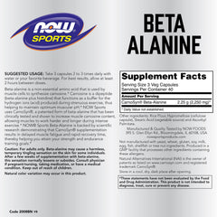 NOW Foods Beta-Alanine capsules close-up, convenient daily supplement for athletic stamina.