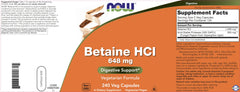 NOW Foods Betaine HCl capsules close-up on label and capsules