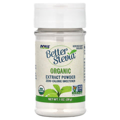 NOW Foods Better Stevia Organic powder 1oz bottle for sugar-free sweetness at home.