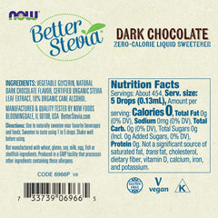 NOW Foods BetterStevia liquid label close-up highlights organic, non-GMO certified sweetness