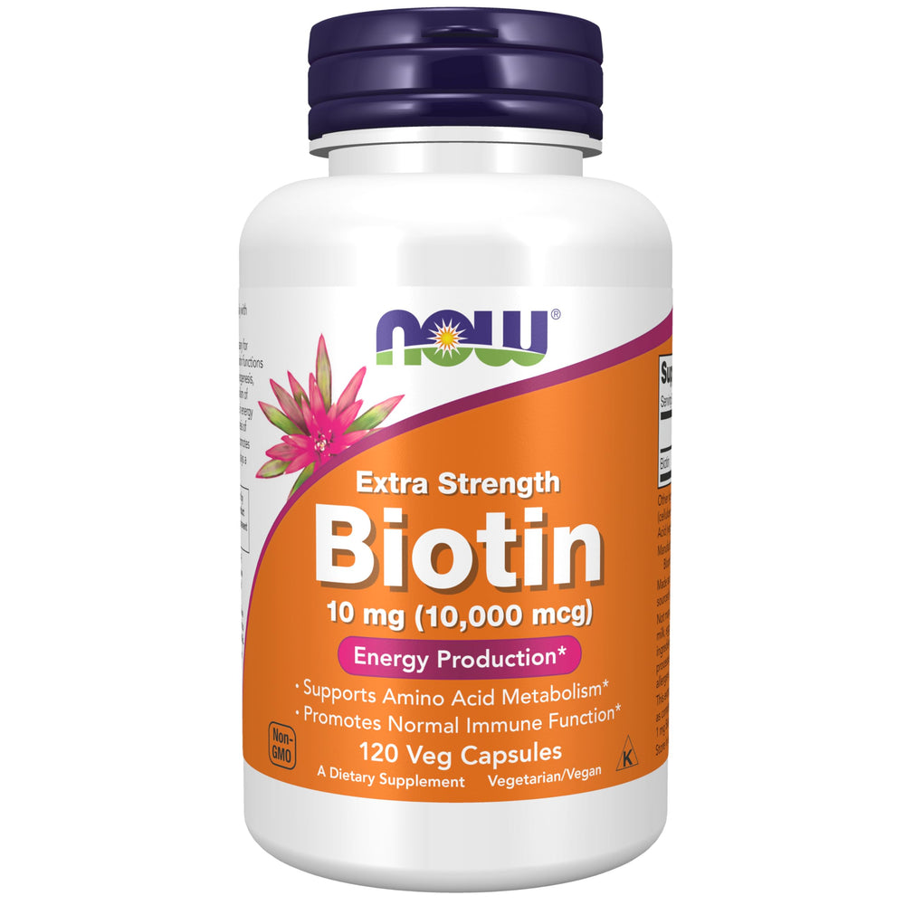 NOW Foods Biotin 10 mg vegetarian capsules on bottle for hair and nail support