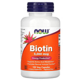 NOW Foods Biotina 5 mg cápsulas vegetarianas frente al envase, posible apoyo al metabolismo de aminoácidos.