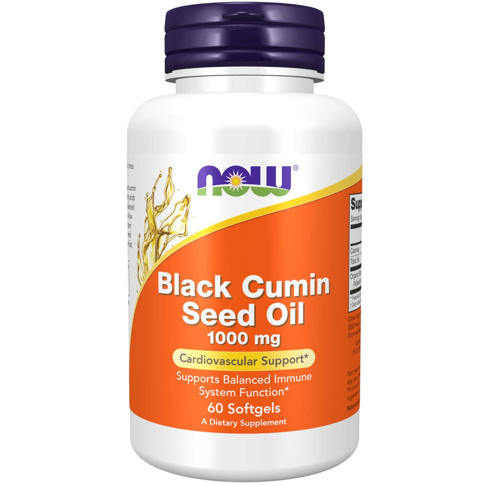 NOW Foods Black Cumin Seed Oil bottle top view for daily use.