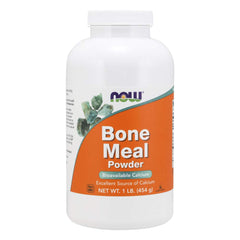 NOW Foods bone meal powder bottle shows a calcium-rich supplement for daily use.