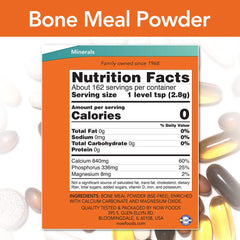 NOW Foods bone meal powder scoop for easy portioning into shakes or yogurt.