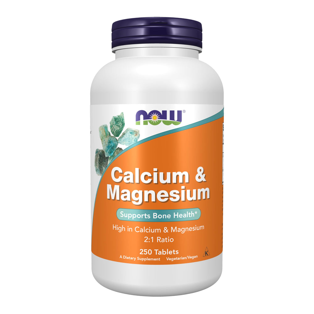 NOW Foods Calcium & Magnesium 2:1 bottle label showing high potency minerals for bone health