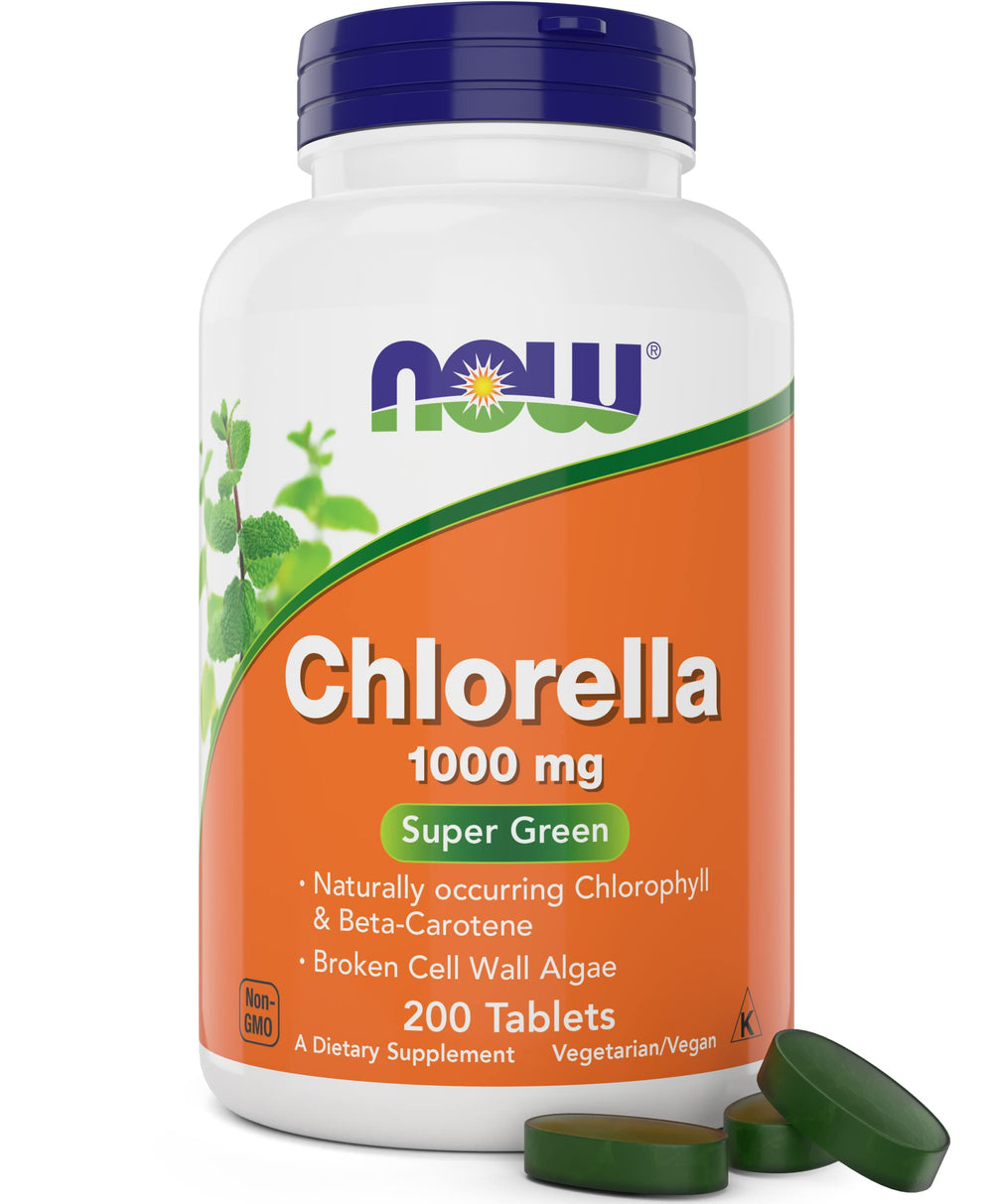 NOW Foods chlorella tablets 1000mg bottle rich in nutrients for daily wellness