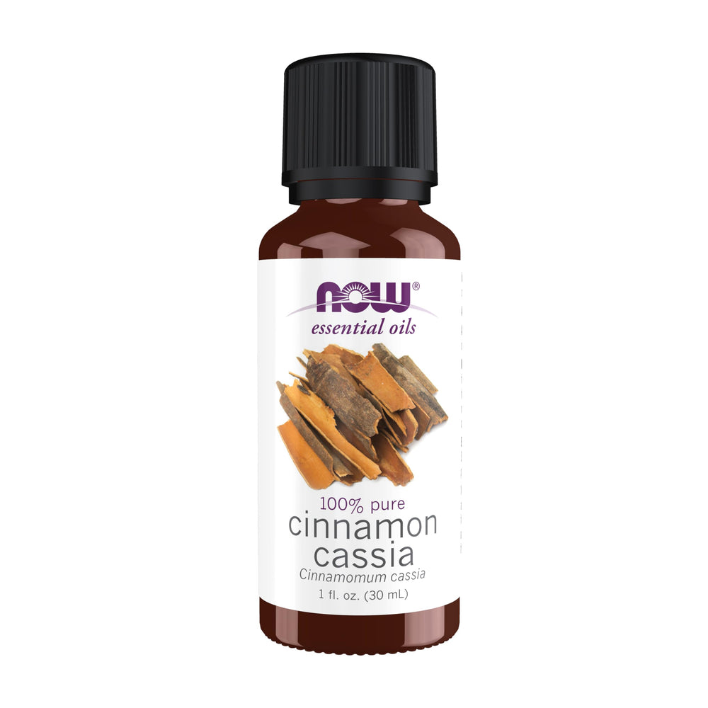 NOW Foods Cinnamon Cassia oil bottle close-up showing pure, warming aroma.