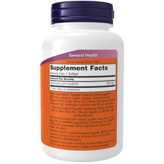 NOW Foods CoQ10 bottle label detail highlighting pharmaceutical grade quality.