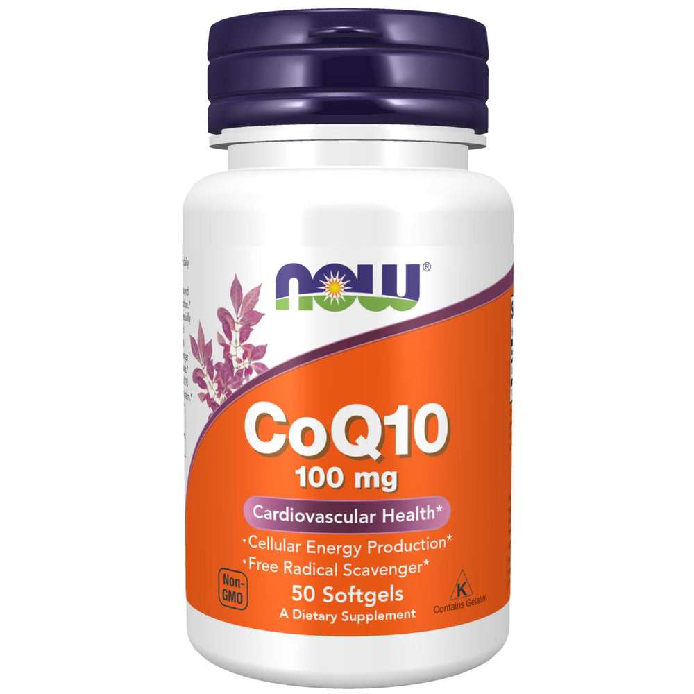 NOW Foods CoQ10 softgels bottle showing branding and packaging for quick reference