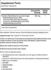 NOW Foods Curcumin Ext 95% capsules closeup highlighting 665 mg per capsule.