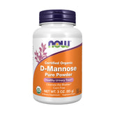 NOW Foods D-Mannose powder bottle closeup shows pure, non-GMO formula for urinary tract support.
