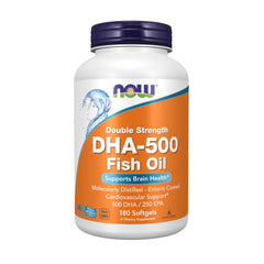 NOW Foods DHA-500 bottle front for omega-3 support and branding.