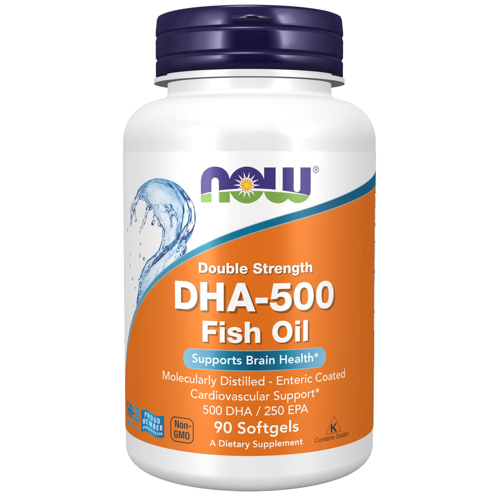 NOW Foods DHA-500 bottle with softgels for daily brain and heart support.