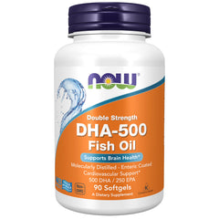 NOW Foods DHA-500 bottle with softgels for daily brain and heart support.