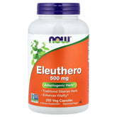 NOW Foods Eleuthero 500mg bottle close-up highlighting easy-to-swallow capsules.