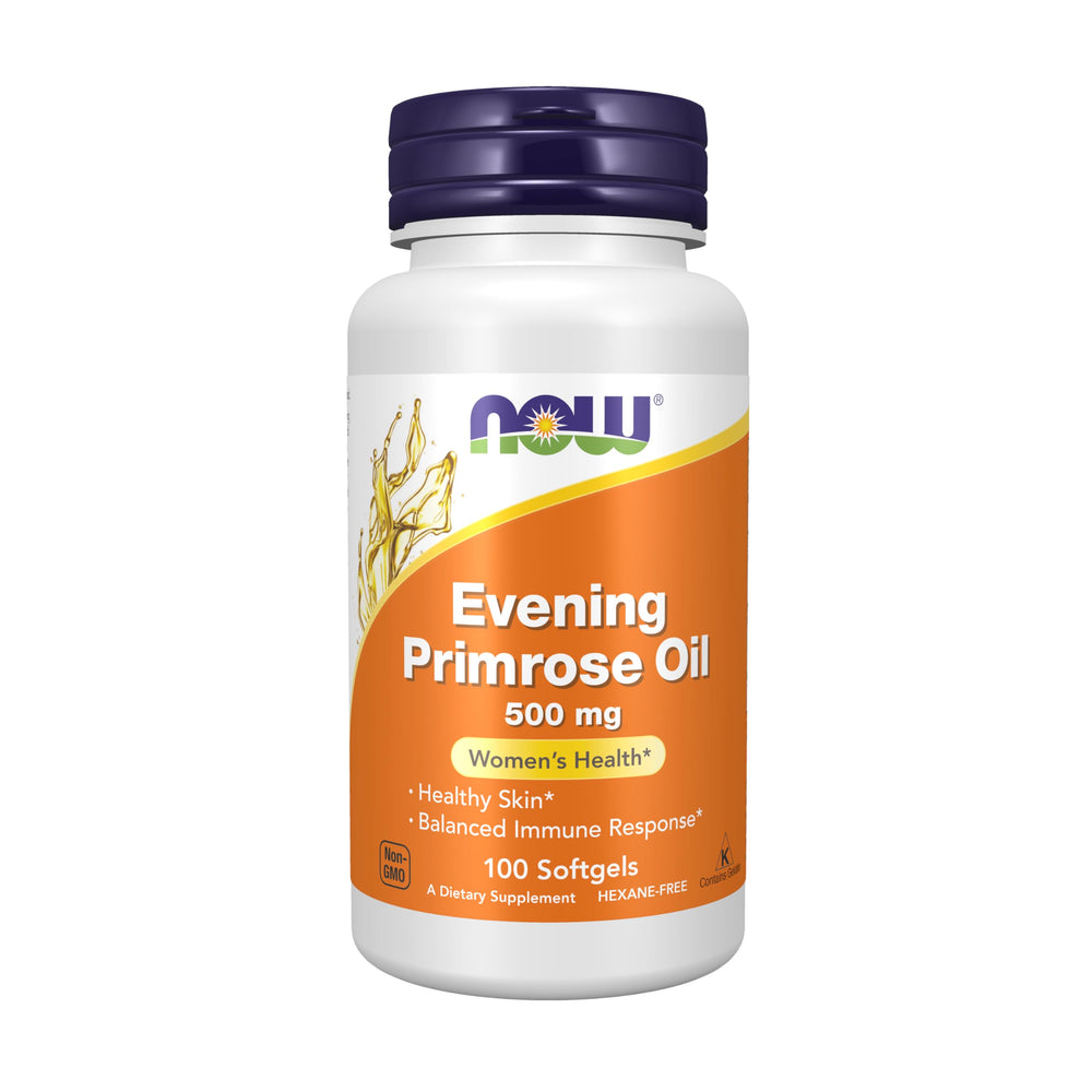 NOW Foods Evening Primrose Oil softgels bottle for skin and vascular support.