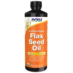 NOW Foods flax seed oil bottle highlights cold-pressed, unrefined oil ideal for salads and sauces.