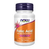 NOW Foods folic acid and B-12 tablets front label, supports daily metabolism.