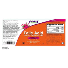 NOW Foods Folic Acid 800 mcg tablets packaging label—GMP quality and USA-made packaging.