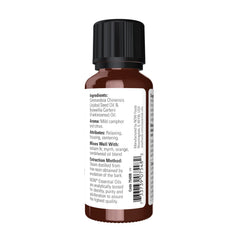 NOW Foods Frankincense Oil Blend label detail showing 20 percent frankincense in jojoba base.