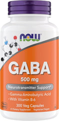 NOW Foods GABA 500 mg bottle with label supports relaxation and mood balance.
