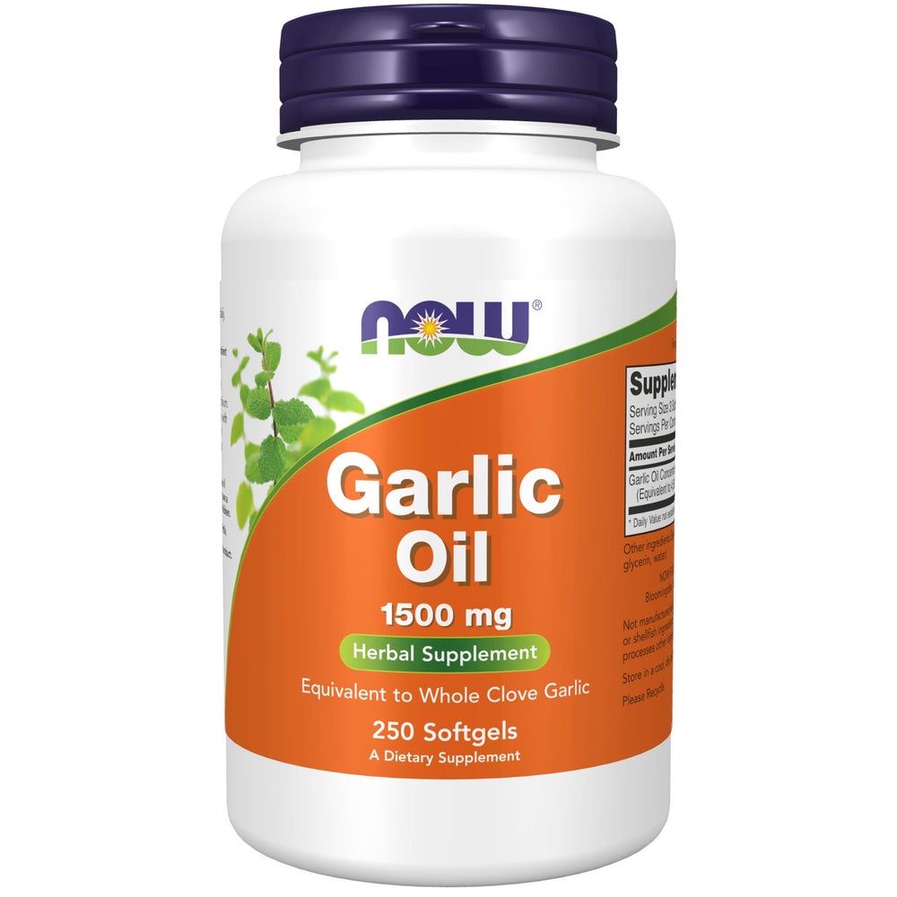 NOW Foods Garlic Oil softgels bottle for convenient daily supplement.