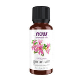 NOW Foods Geranium oil bottle offers subtle floral aroma for balance.
