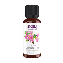 NOW Foods Geranium oil bottle offers subtle floral aroma for balance.