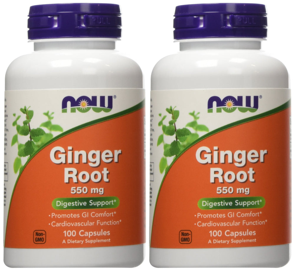 NOW Foods Ginger Root 550mg bottle with capsules for easy digestion support.