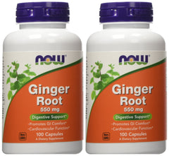 NOW Foods Ginger Root 550mg bottle with capsules for easy digestion support.