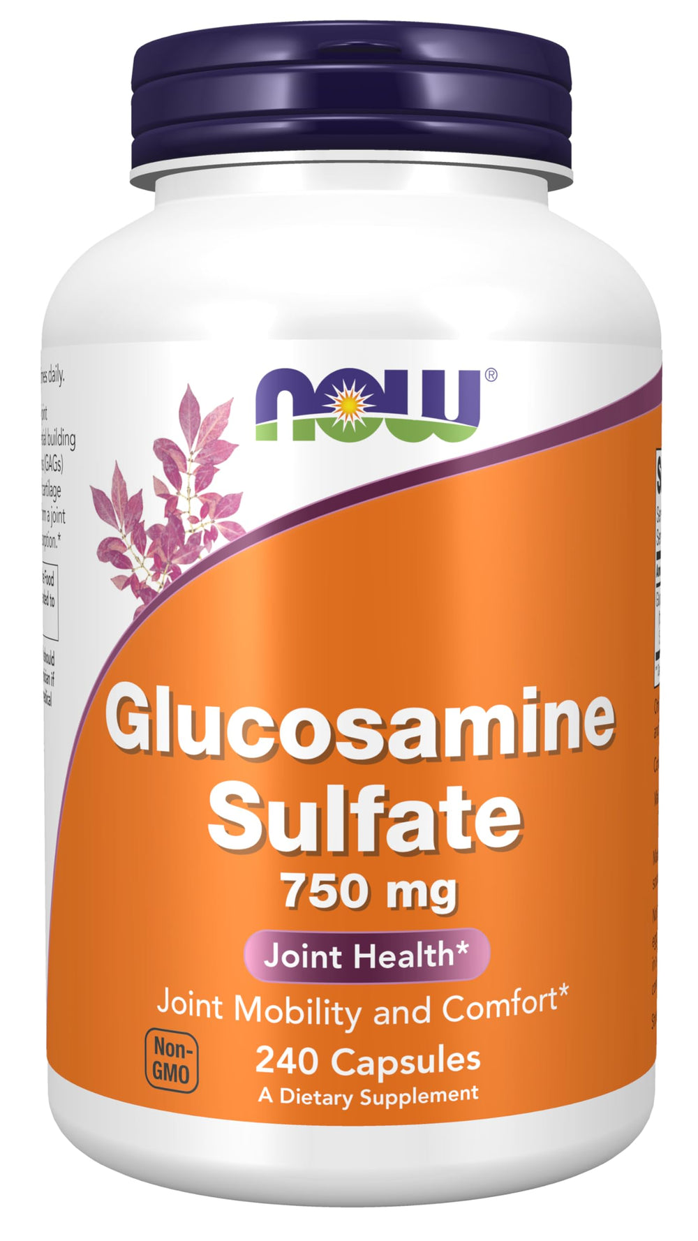 NOW Foods Glucosamine Sulfate 750 mg bottle label highlights joint support potential.