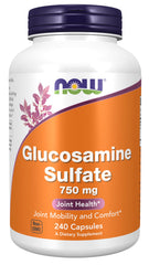 NOW Foods Glucosamine Sulfate 750 mg bottle label highlights joint support potential.
