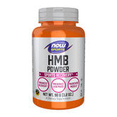 NOW Foods HMB powder bottle label showing sport nutrition branding and recovery support.