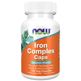 NOW Foods Iron Complex Caps bottle front, vegan formula designed to support iron absorption.